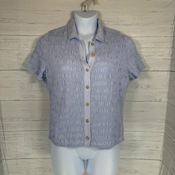 J.Crew Blue Smocked Button Top Coastal Preppy Cottage Spring medium quiet luxury - Picture 2 of 11
